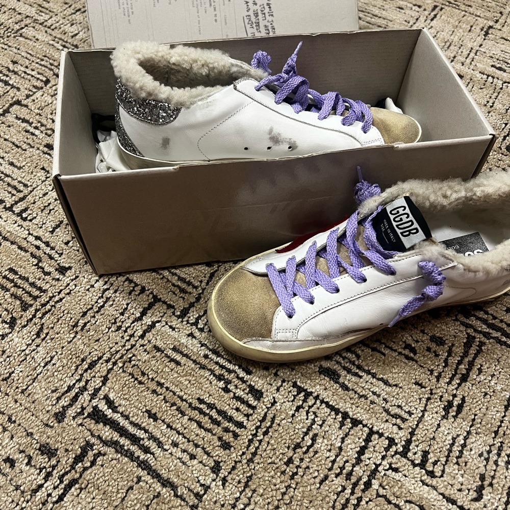 White Sneakers with Purple Laces and Gold Toe
